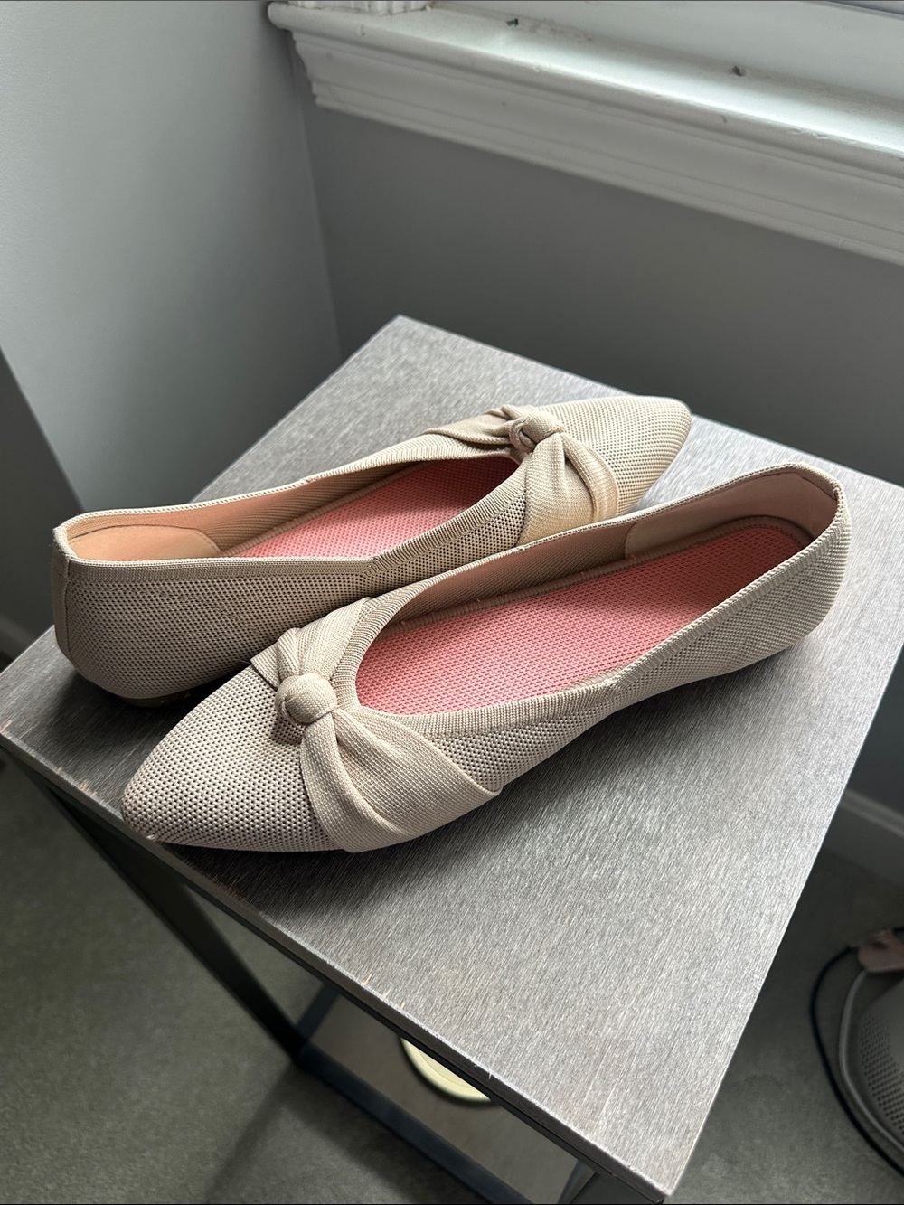 Women's Pointed-Toe Knot Flats in Beige with Pink Insole